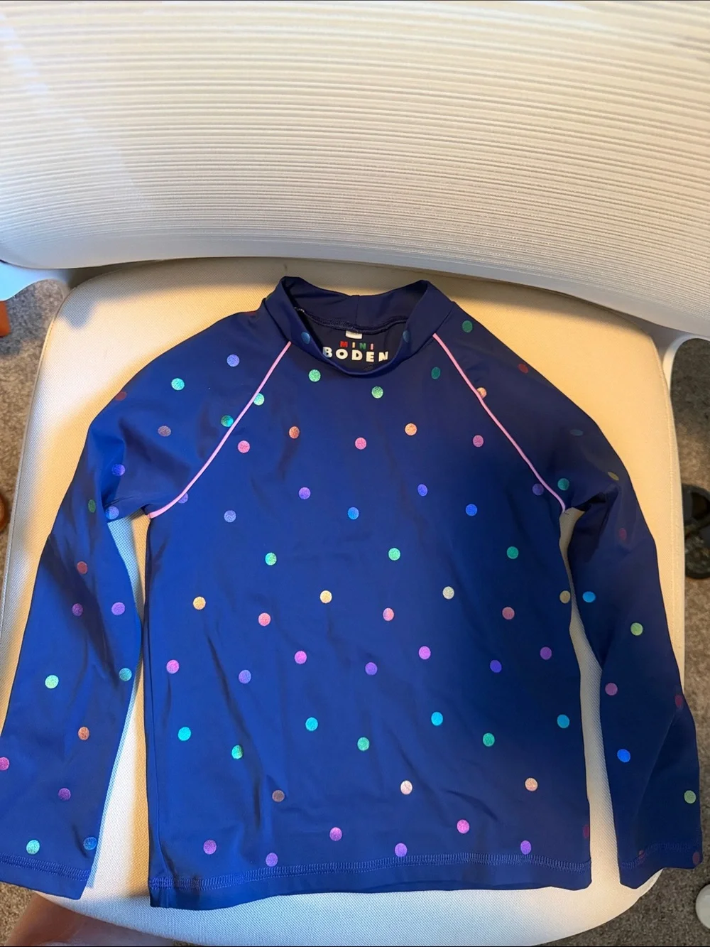 Mini Boden Sunsafe Navy Long-Sleeve Rash Guard with Metallic Polka Dots Size 5/6